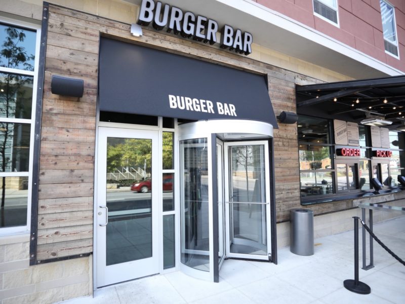 Entrance to Burger Bar with a revolving door